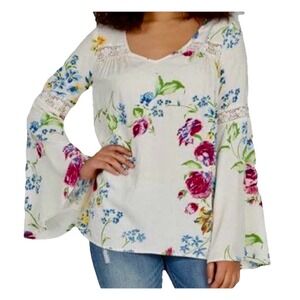 ModCloth Floral Blouse Top 2X Cream Boho Cottagecore Bell Sleeve Peasant Spring
